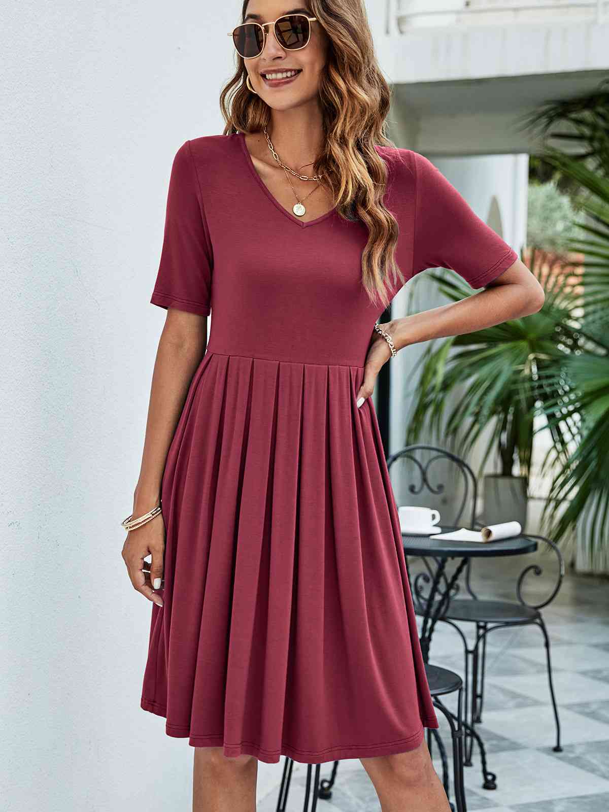 Pleated V-Neck Short Sleeve Tee Dress