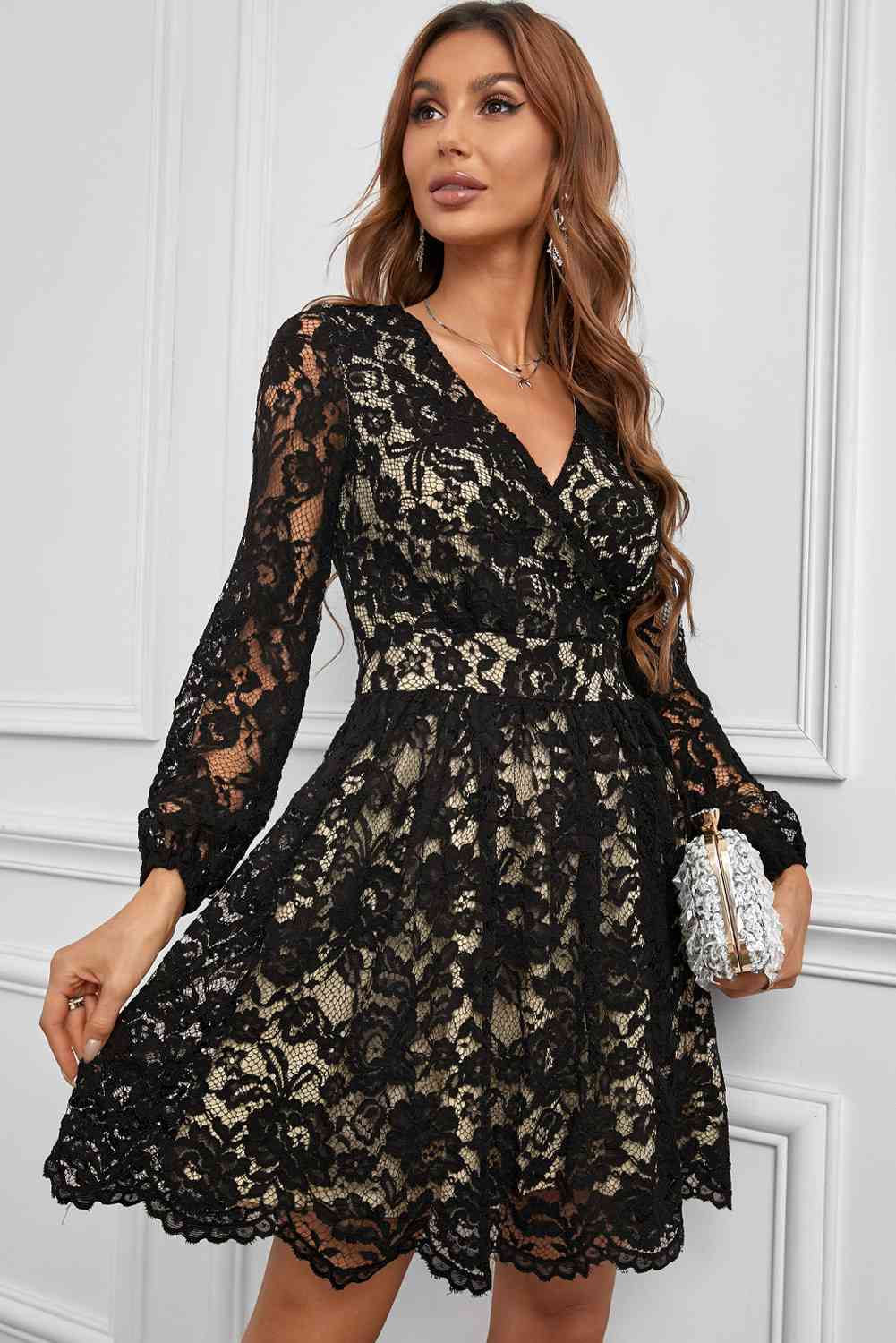 Long Sleeve Surplice Neck Lace Dress