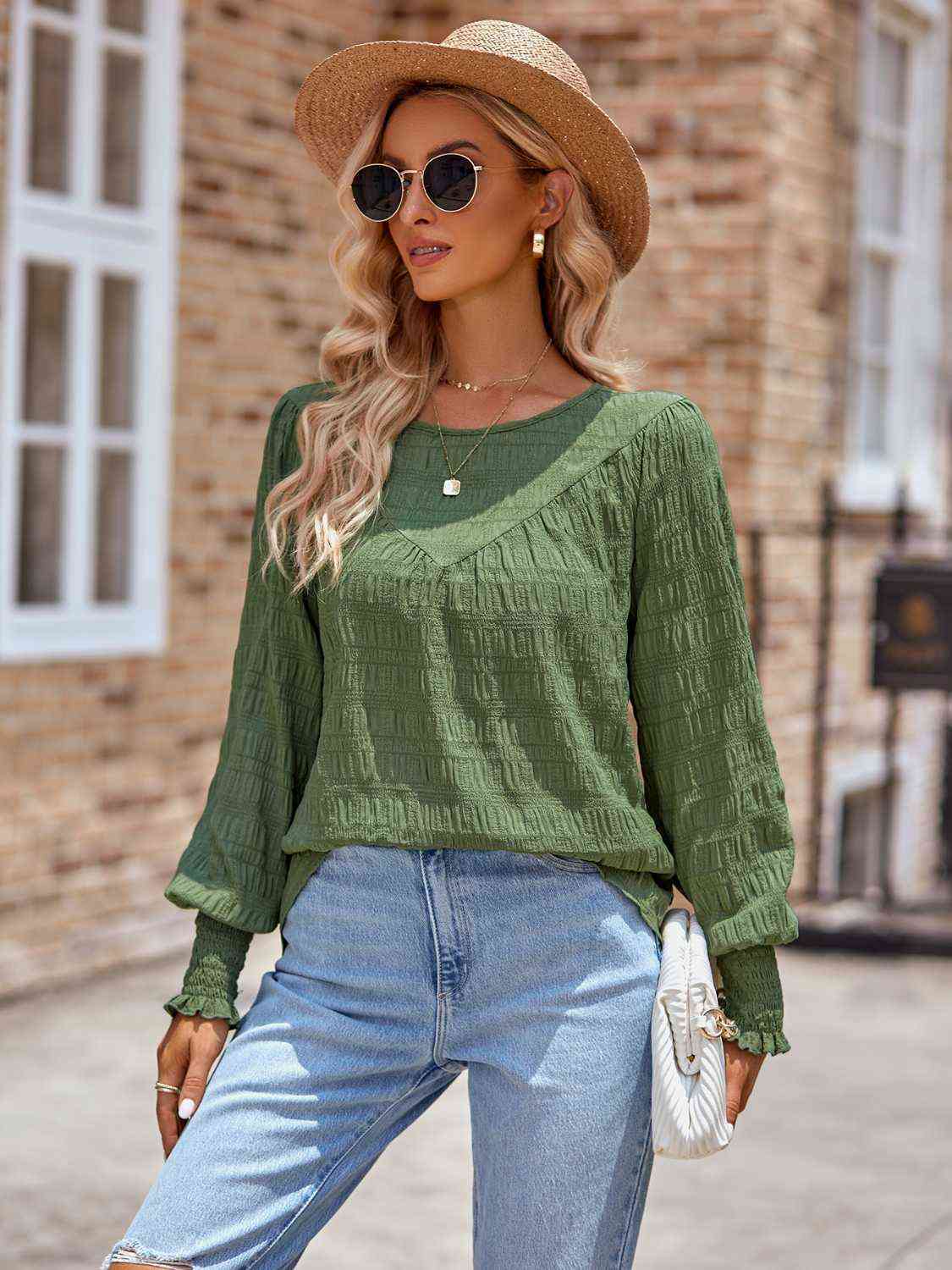 Round Neck Lantern Sleeve Blouse