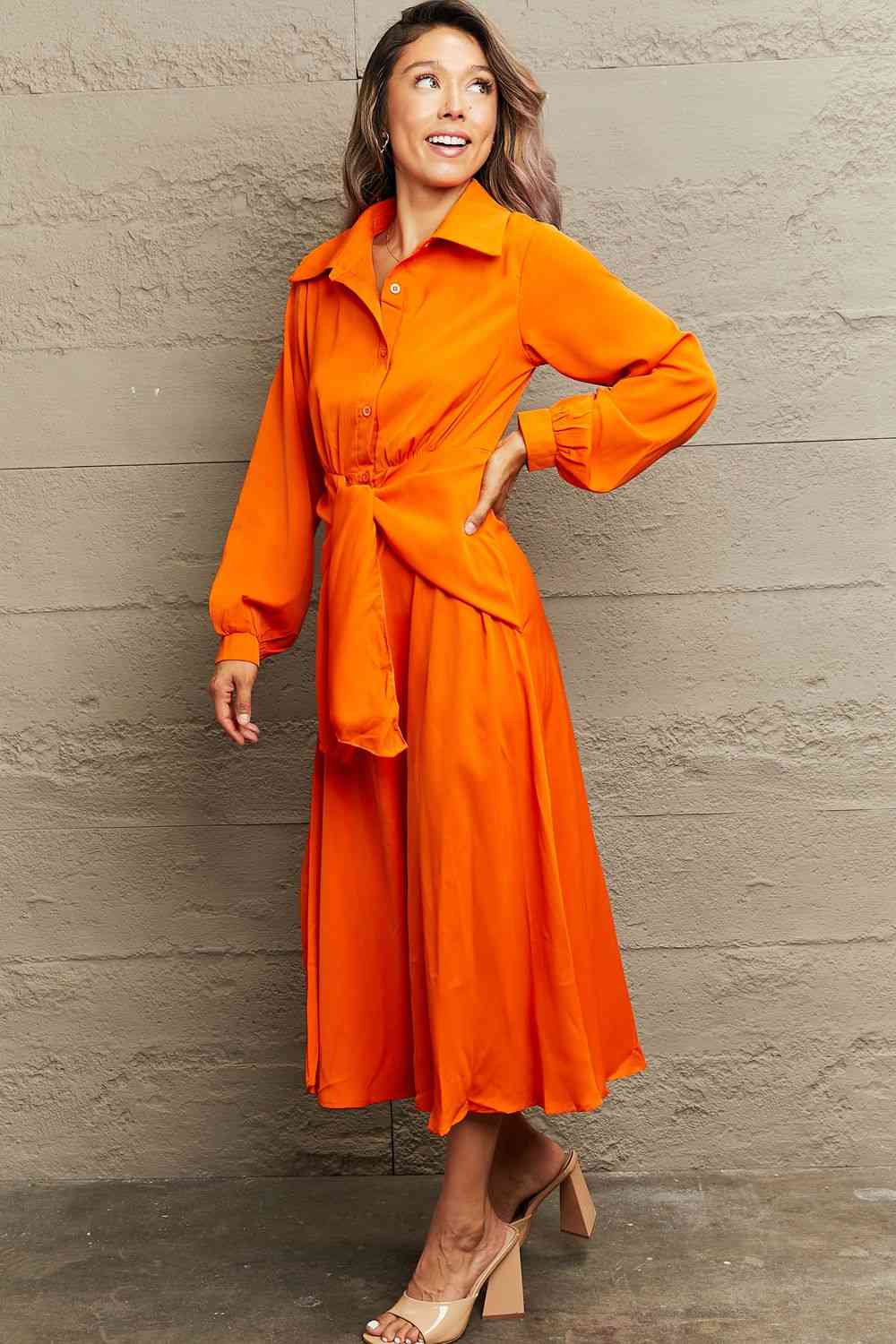 Collared Neck Long Sleeve Twisted Midi Dress