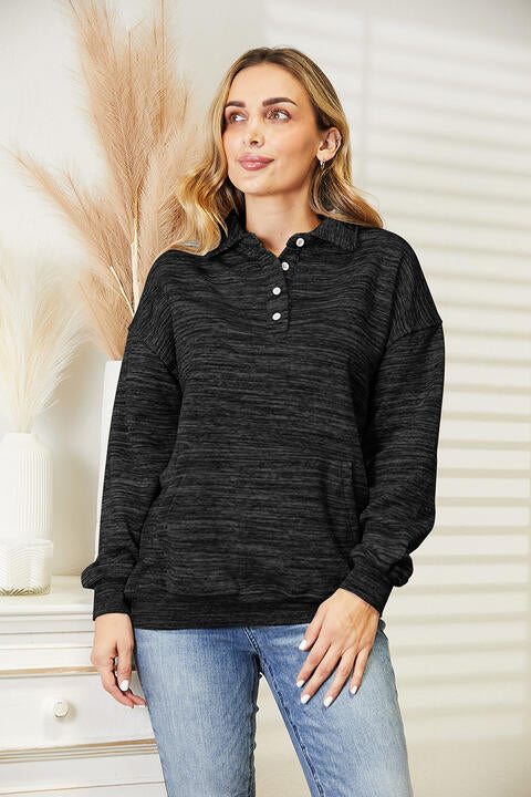 Ninexis Full Size Quarter-Button Collared Sweatshirt