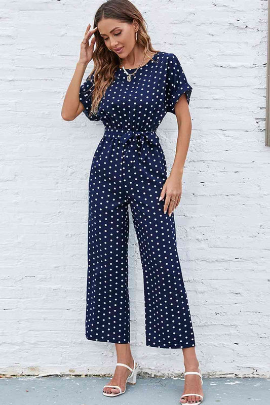 Polka Dot Round Neck Cutout Jumpsuit