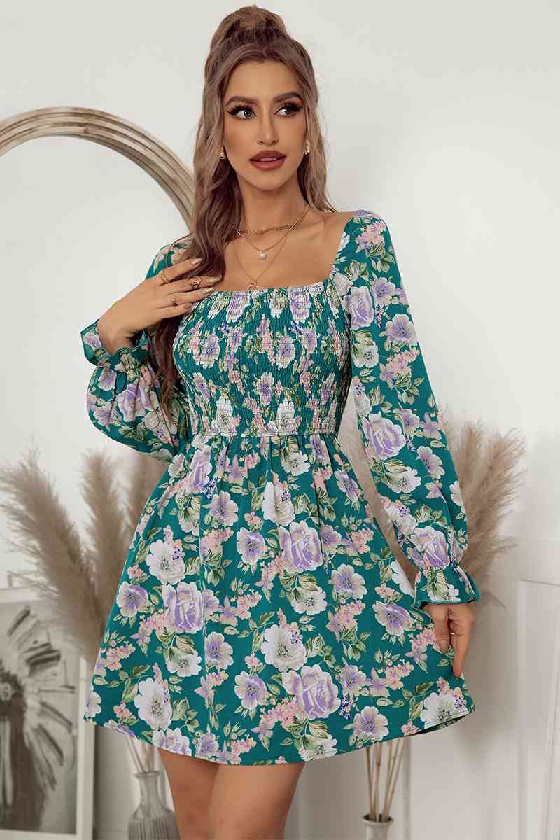 Floral Flounce Sleeve Smocked Square Neck Dress