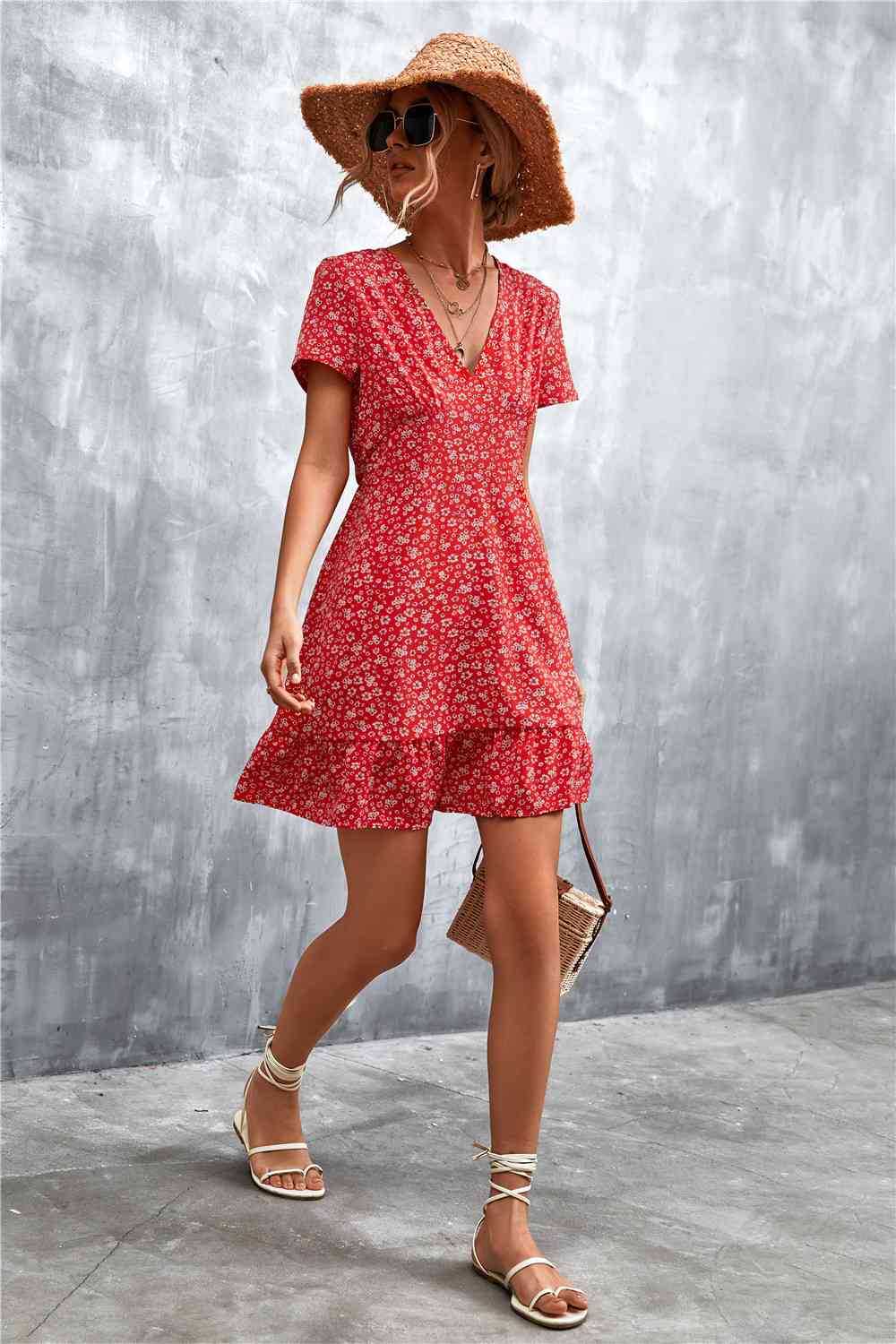 Ditsy Floral V-Neck Short Sleeve Dress