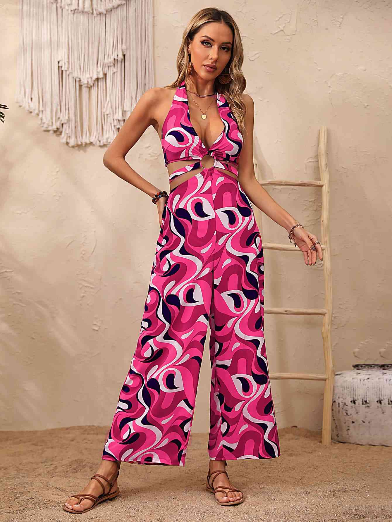 Abstract Print Halter Neck Cutout Wide Leg Jumpsuit